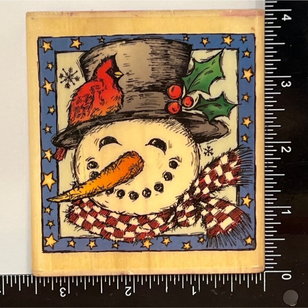 RARE Whimsical Snowman Christmas Rubber Stamp By Stamp City V2810 TOP HAT HOLLY